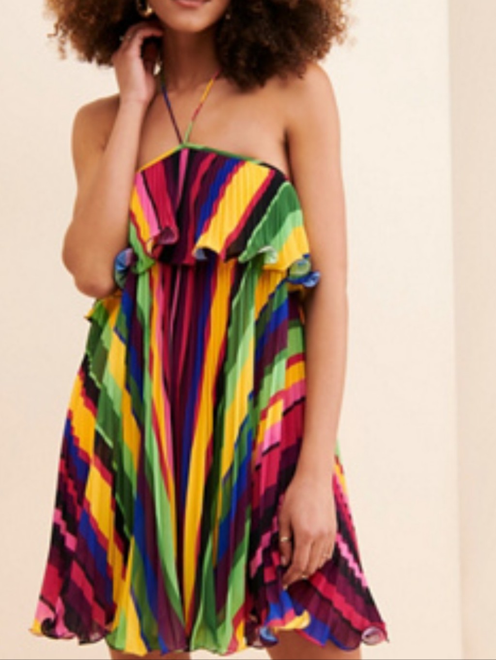 Multicolor Silk Pleated Halter Sun Dress